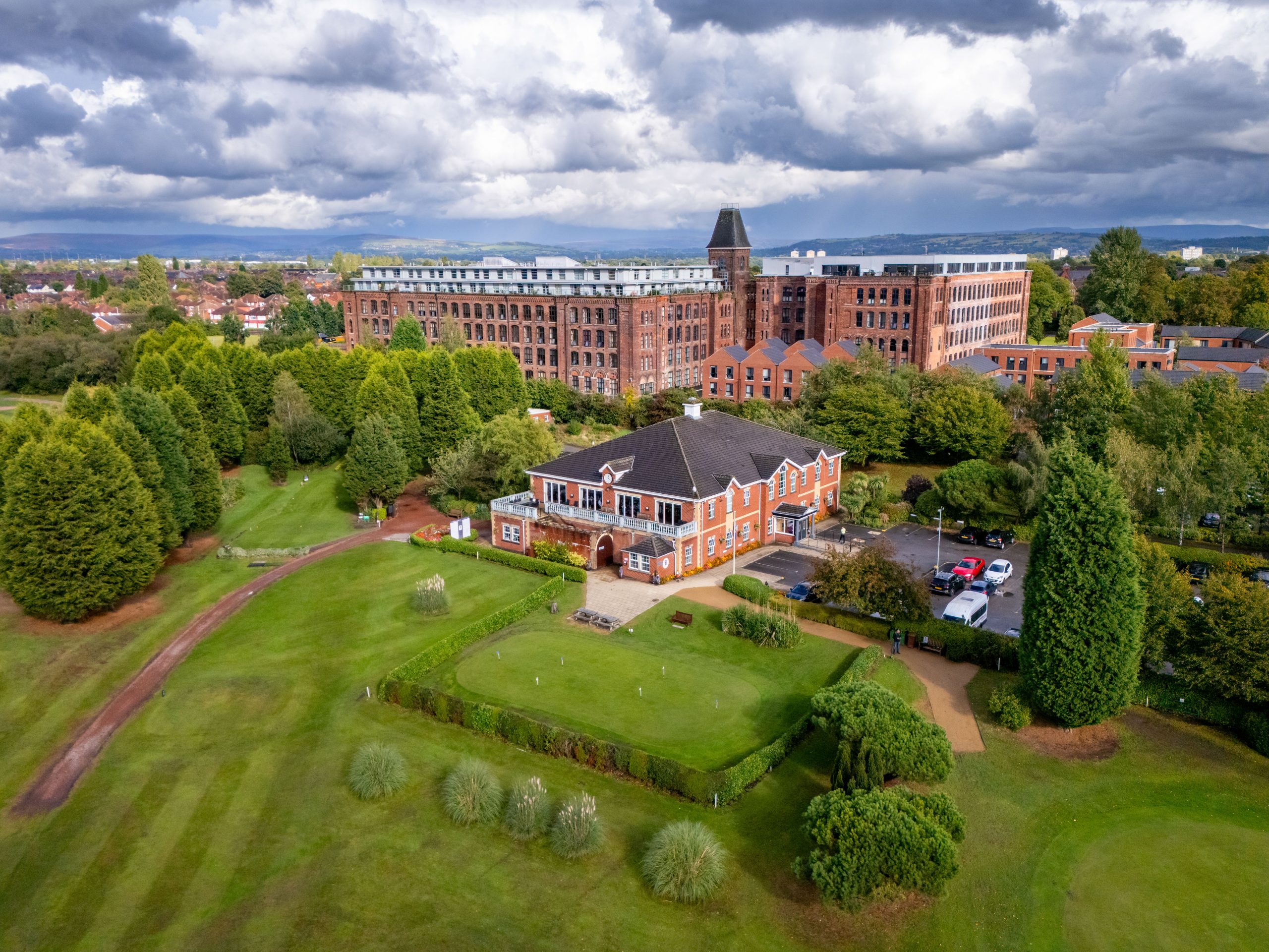 Charity golf day at Houldsworth Golf Club, Stockport. NW Hearts. Image of birds eye view of clubhouse and golf course.